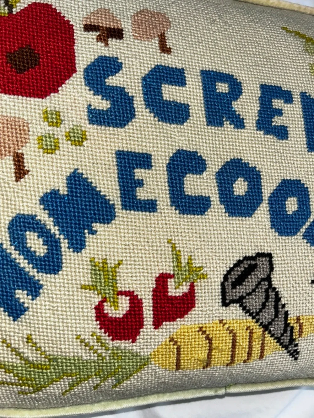 Antique Needlepoint Pillow Screw Home Cooking veggies screws vintage handmade
